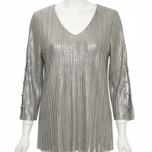 Silver Metallic Pleated V-Neck Long Sleeve Top